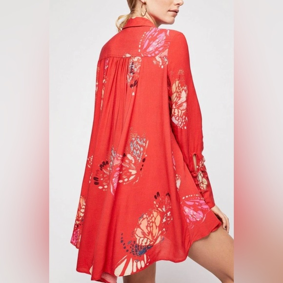 Free People Field of Butterflies Oversized Red Orange Long Sleeve Tunic size S - Picture 3 of 13